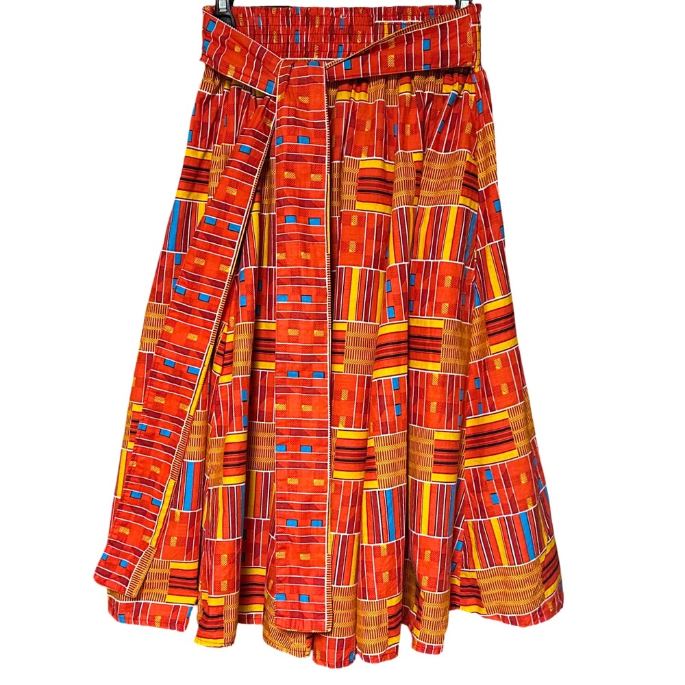 African Print Ankara‎ Knee Length Skirt Medium Red Orange Smocked Waist Boho - Picture 7 of 13